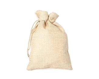 Photo of One beige burlap sack isolated on white