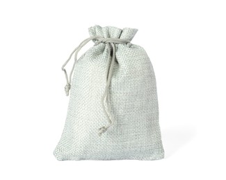 Photo of One grey burlap sack isolated on white