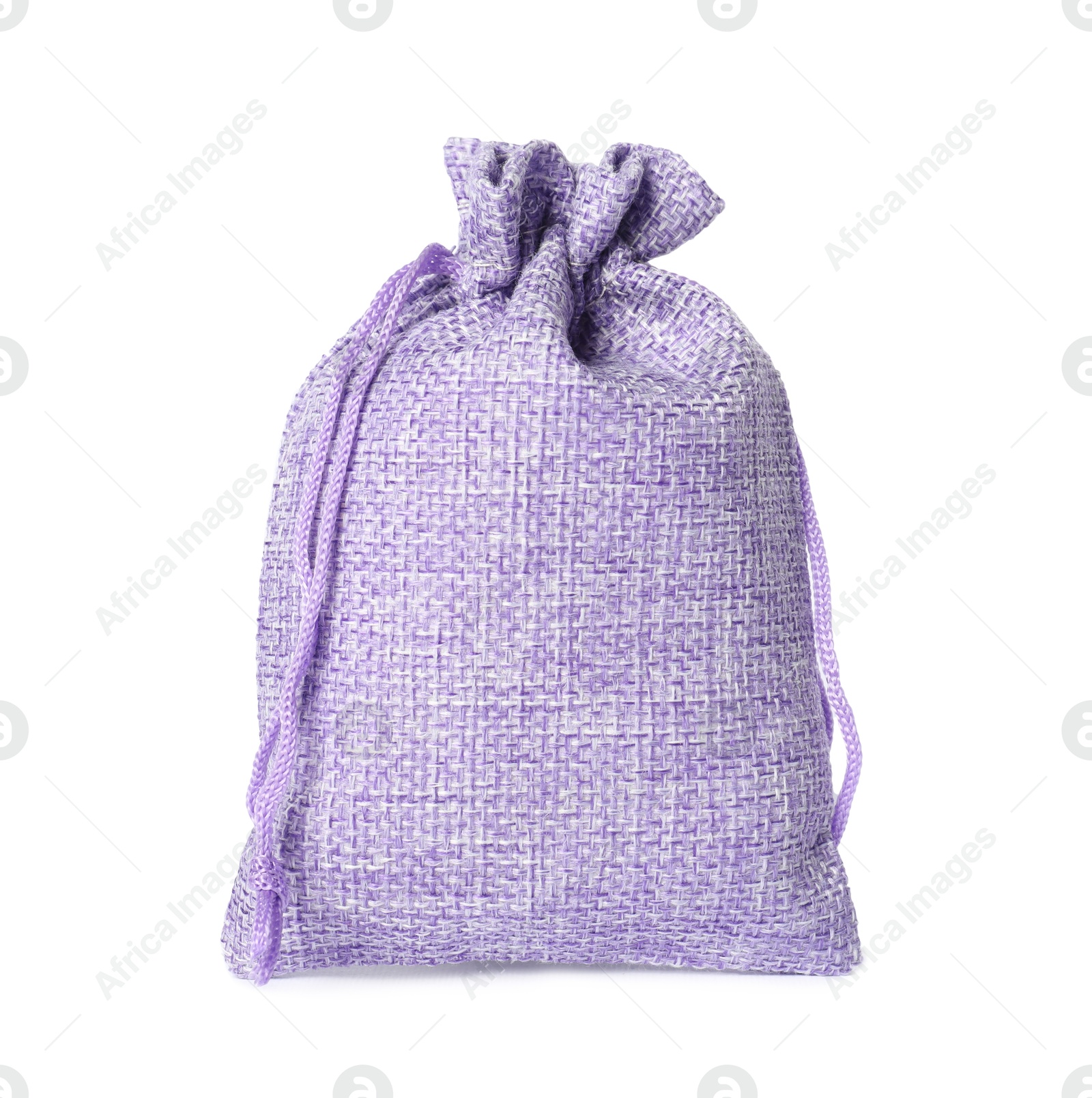 Photo of One violet burlap sack isolated on white