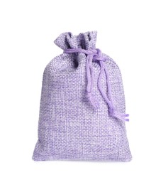 Photo of One violet burlap sack isolated on white