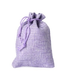 Photo of One violet burlap sack isolated on white