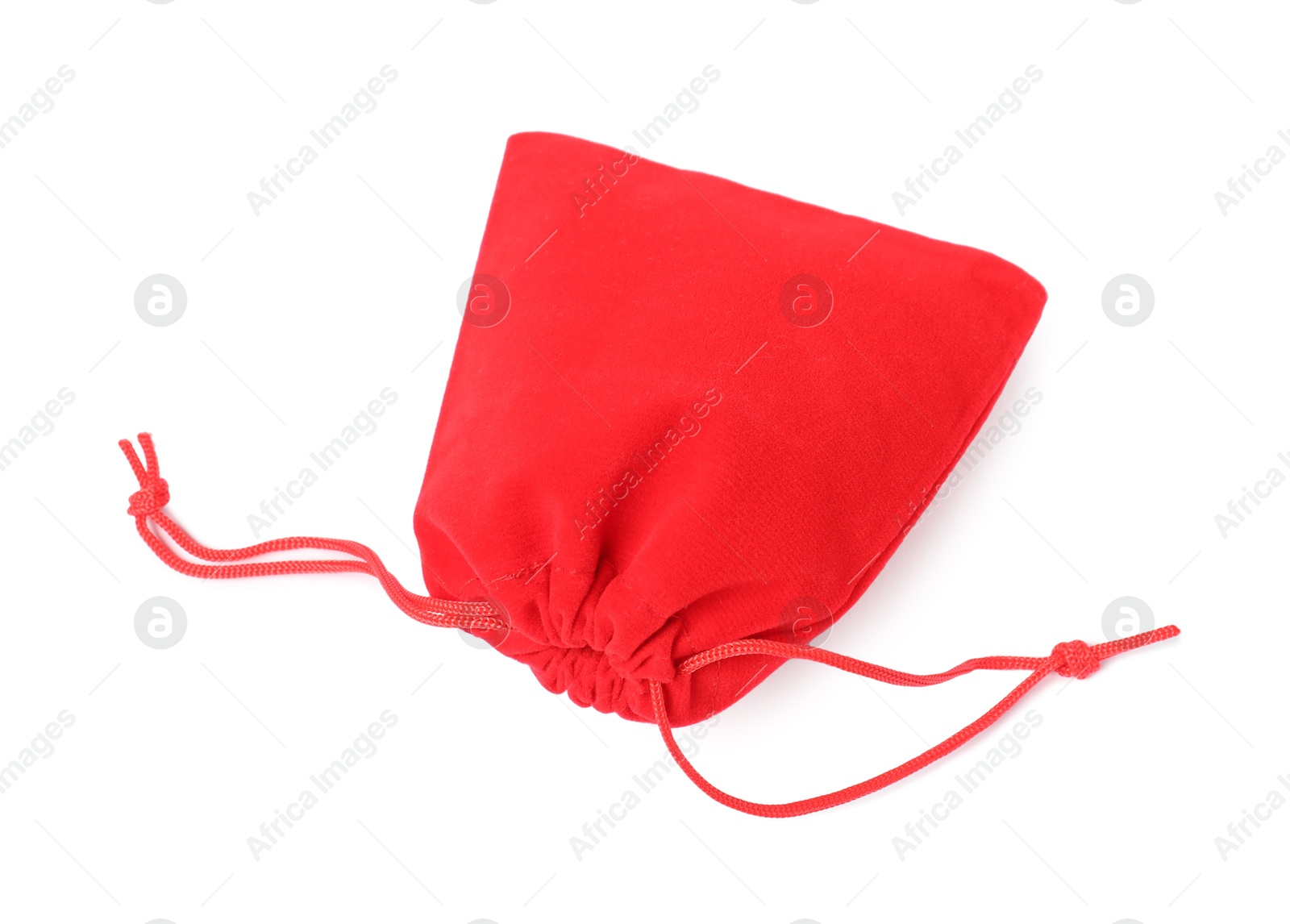 Photo of One red burlap sack isolated on white, top view