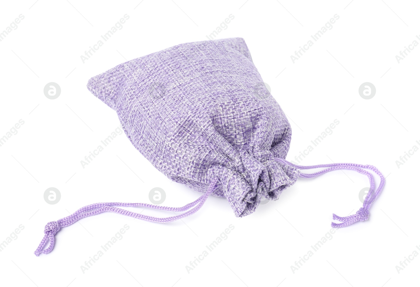 Photo of One violet burlap sack isolated on white