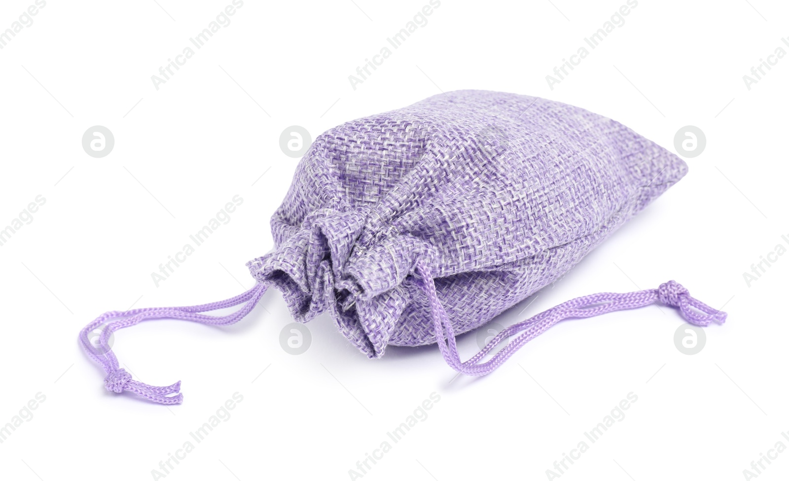 Photo of One violet burlap sack isolated on white