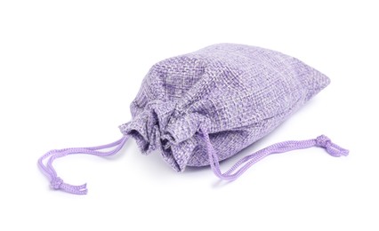 Photo of One violet burlap sack isolated on white