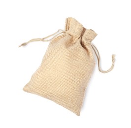 Photo of One beige burlap sack isolated on white, top view