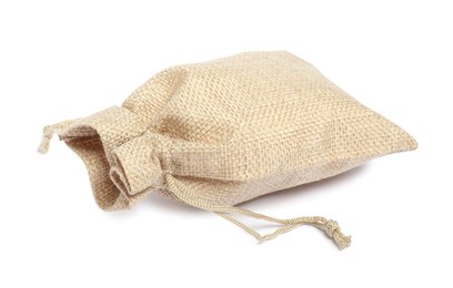 Photo of One beige burlap sack isolated on white