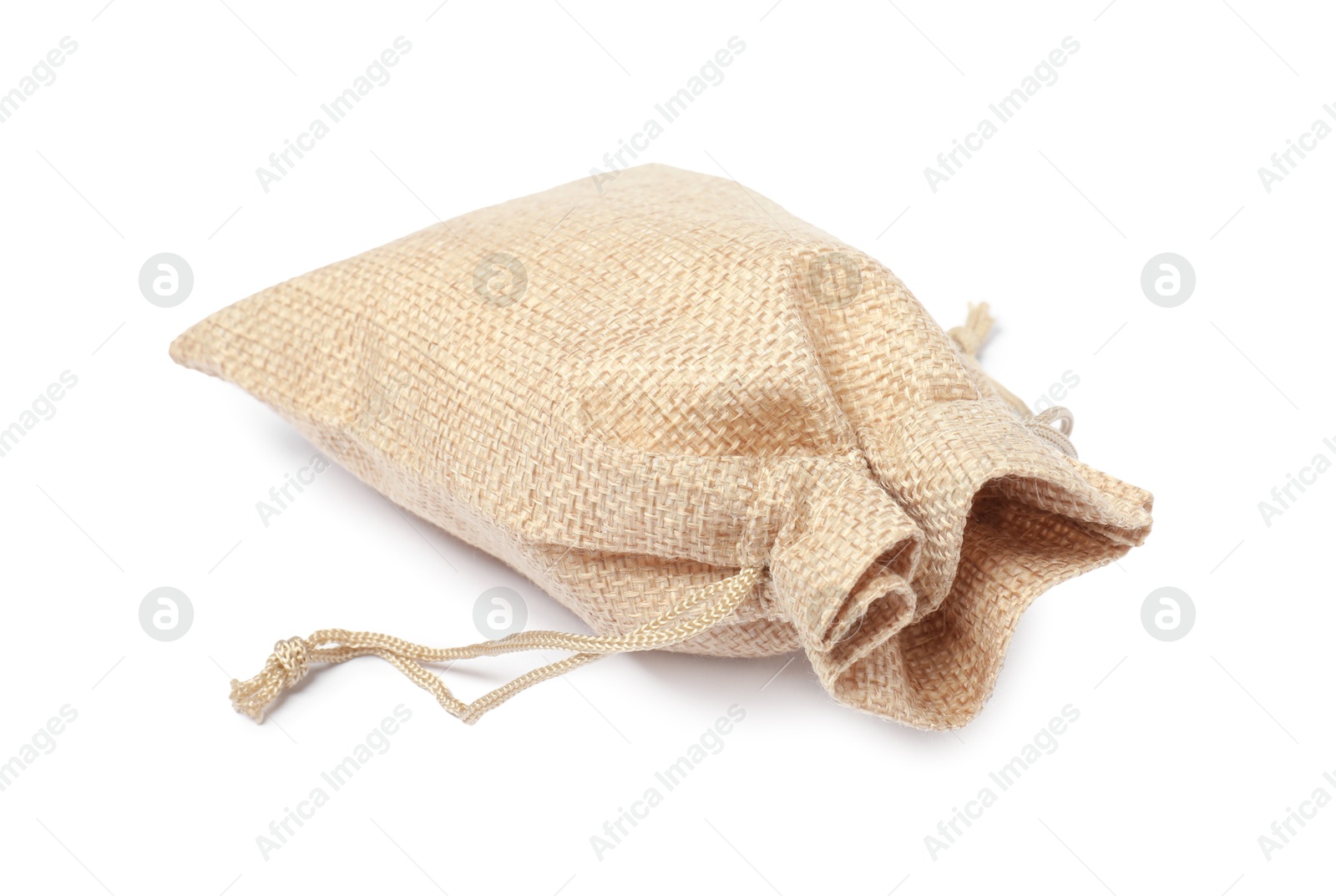 Photo of One beige burlap sack isolated on white