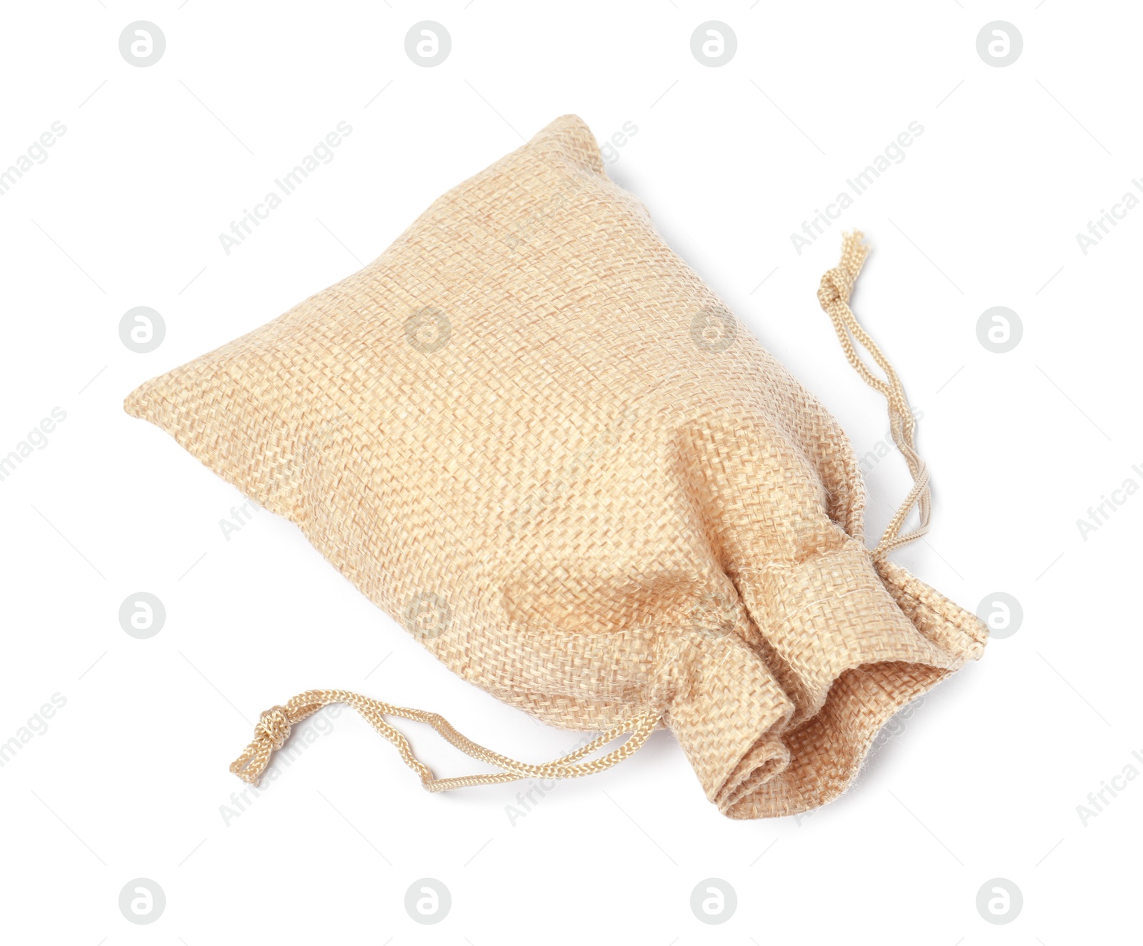 Photo of One beige burlap sack isolated on white