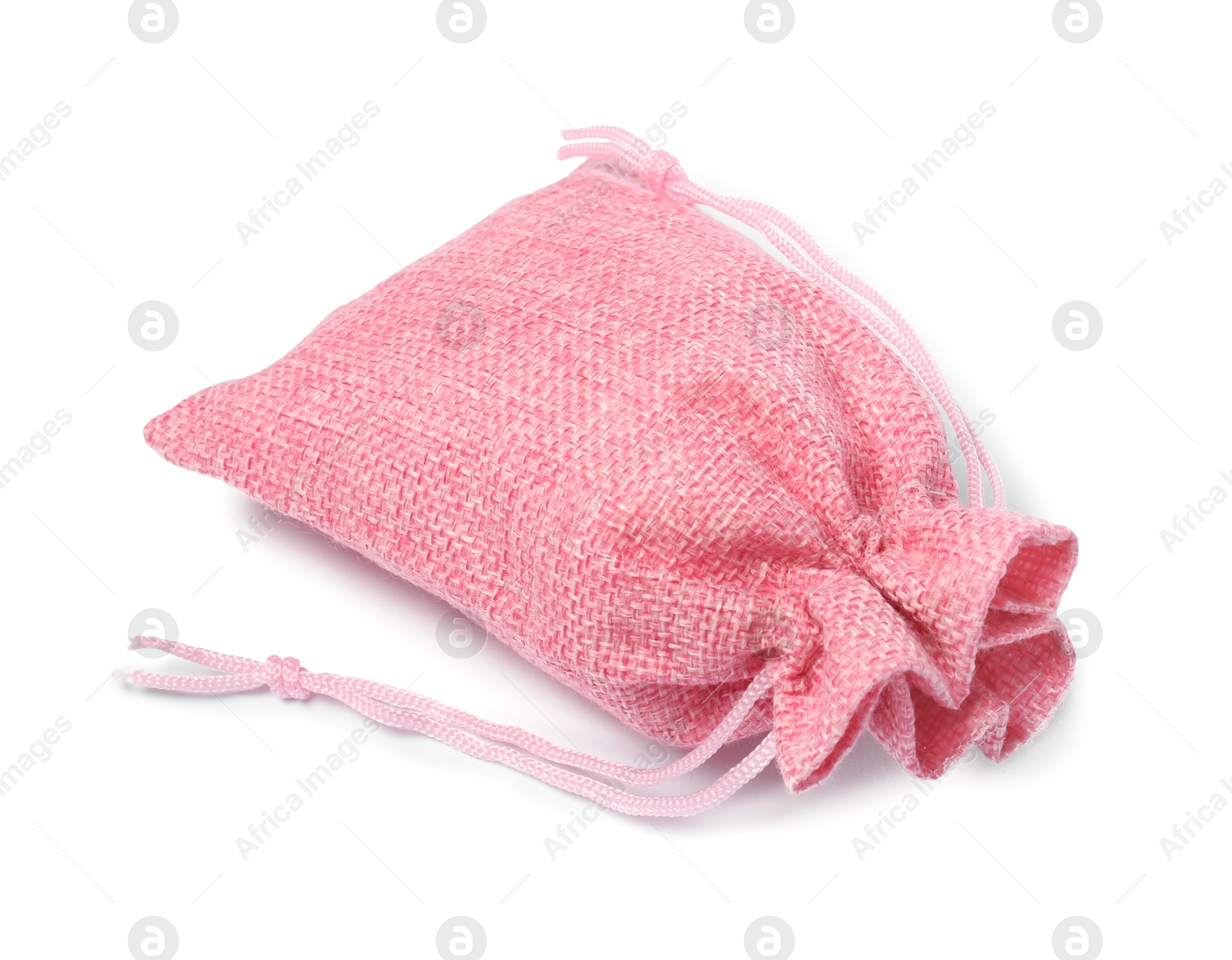 Photo of One pink burlap sack isolated on white