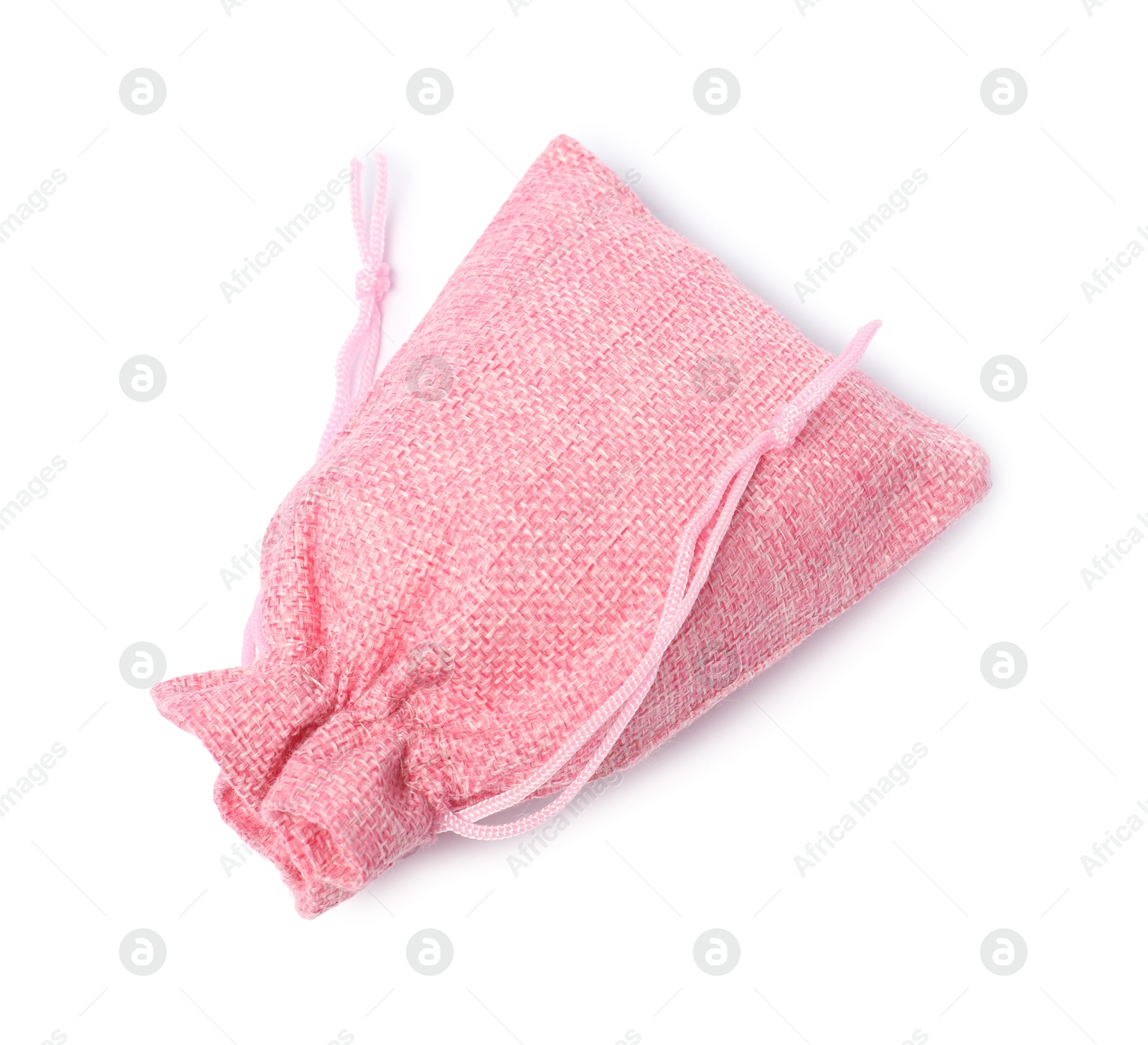 Photo of One pink burlap sack isolated on white, top view