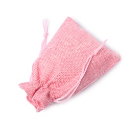 Photo of One pink burlap sack isolated on white, top view