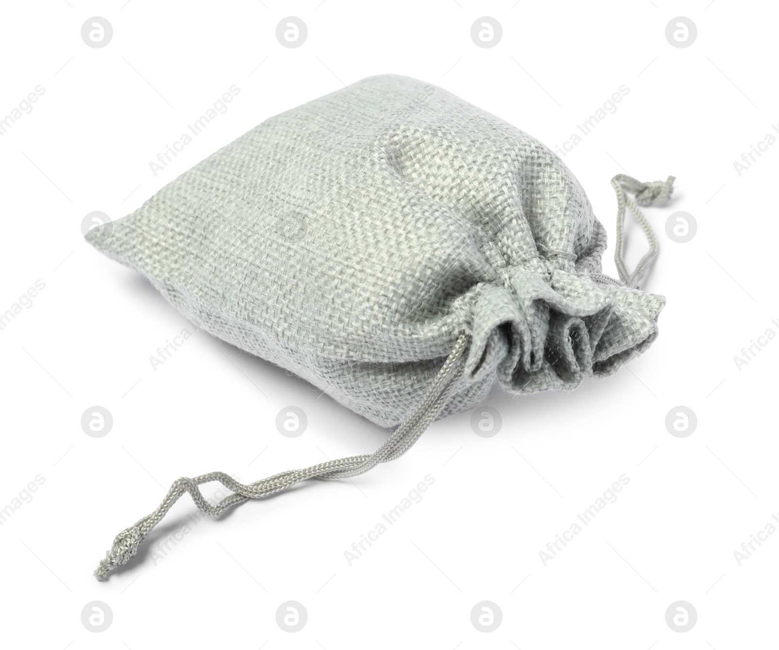 Photo of One grey burlap sack isolated on white