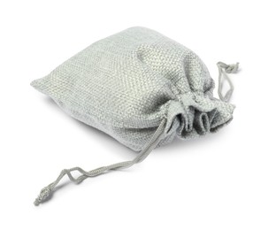 Photo of One grey burlap sack isolated on white