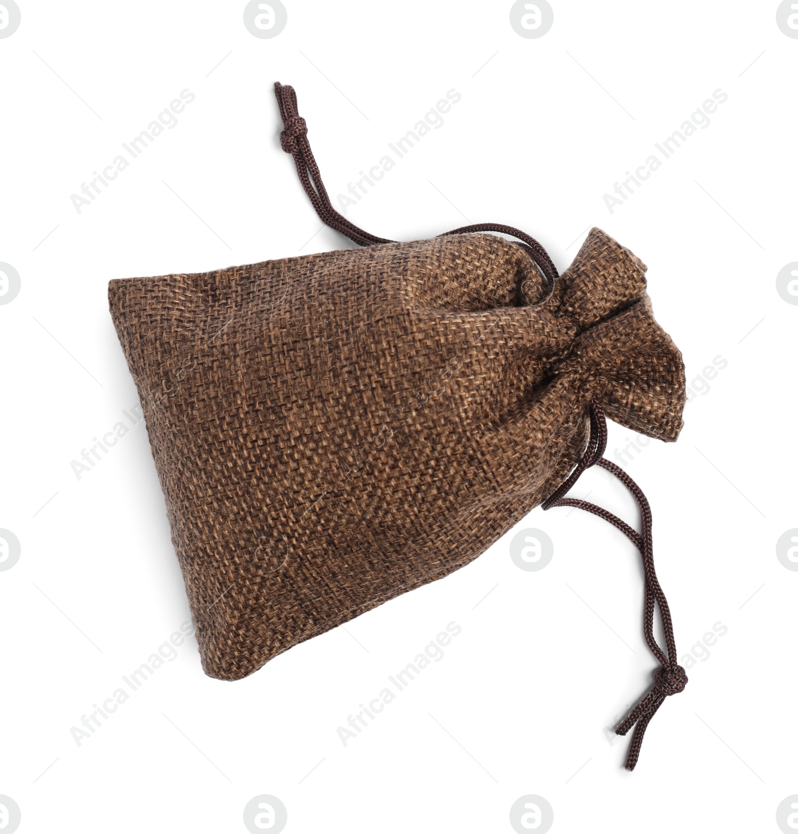 Photo of One brown burlap sack isolated on white, top view