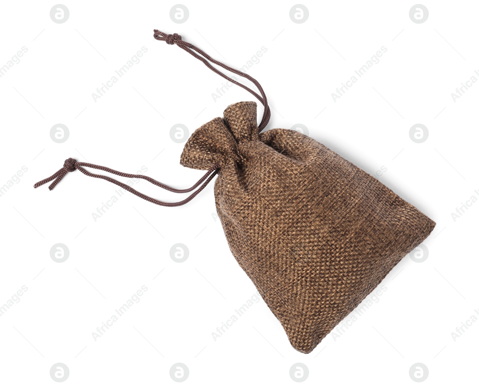 Photo of One brown burlap sack isolated on white, top view