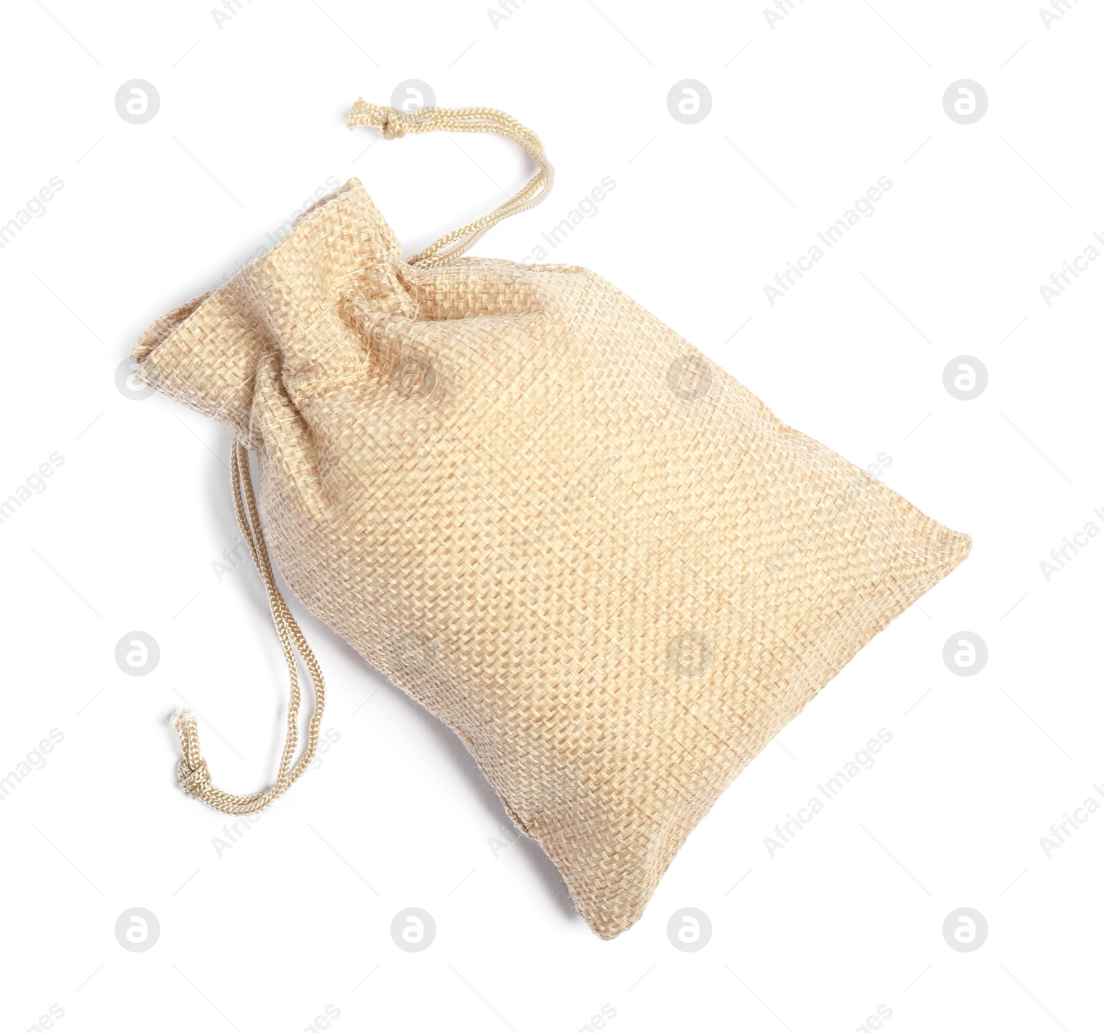 Photo of One beige burlap sack isolated on white, top view