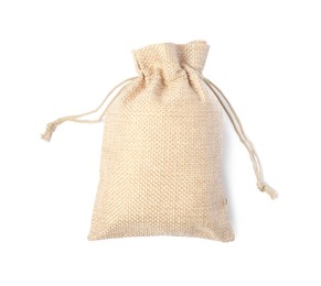 Photo of One beige burlap sack isolated on white, top view