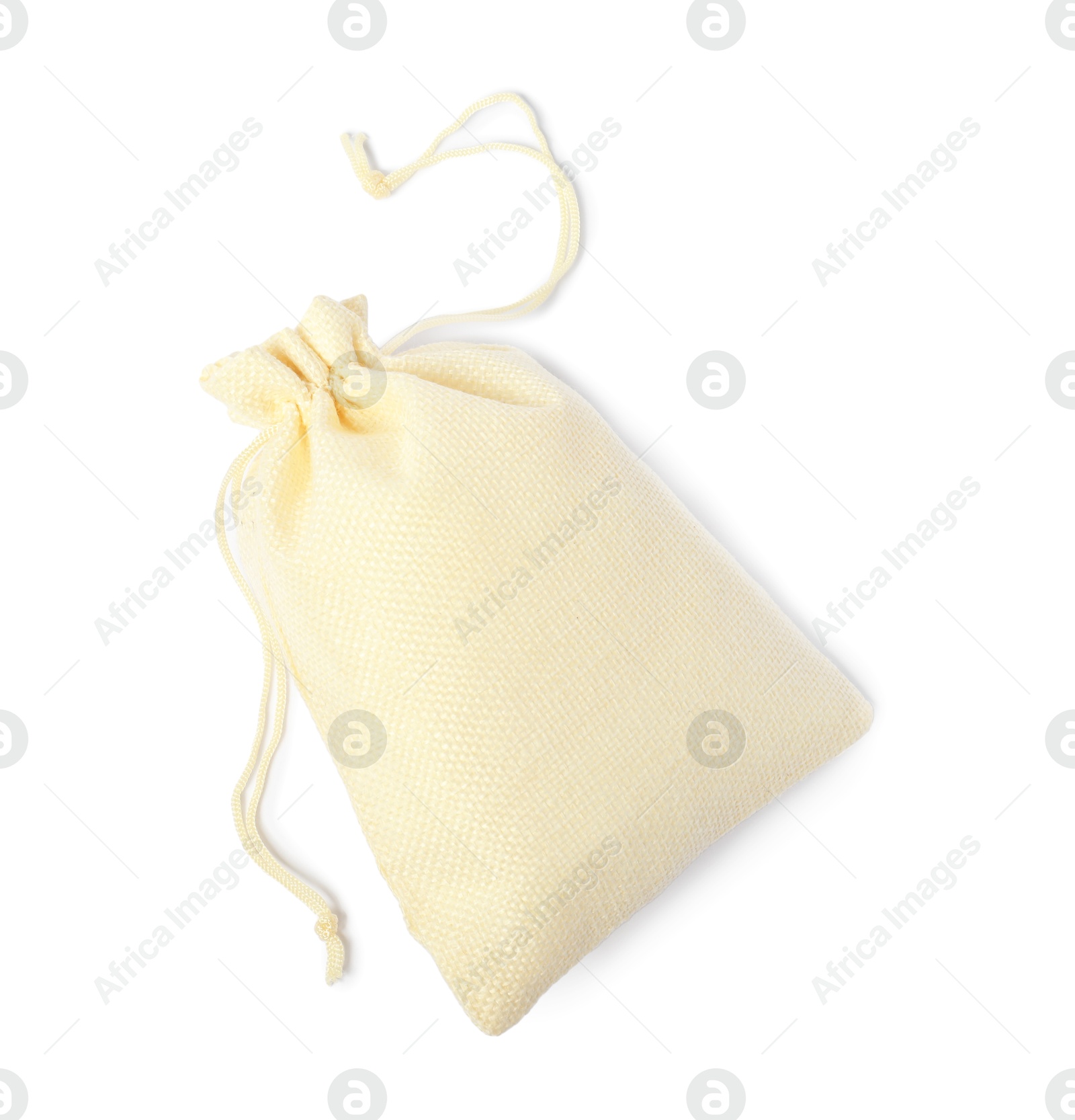 Photo of One beige burlap sack isolated on white, top view