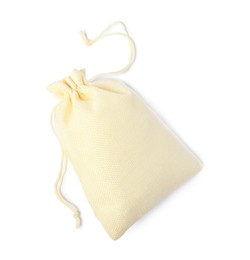 Photo of One beige burlap sack isolated on white, top view