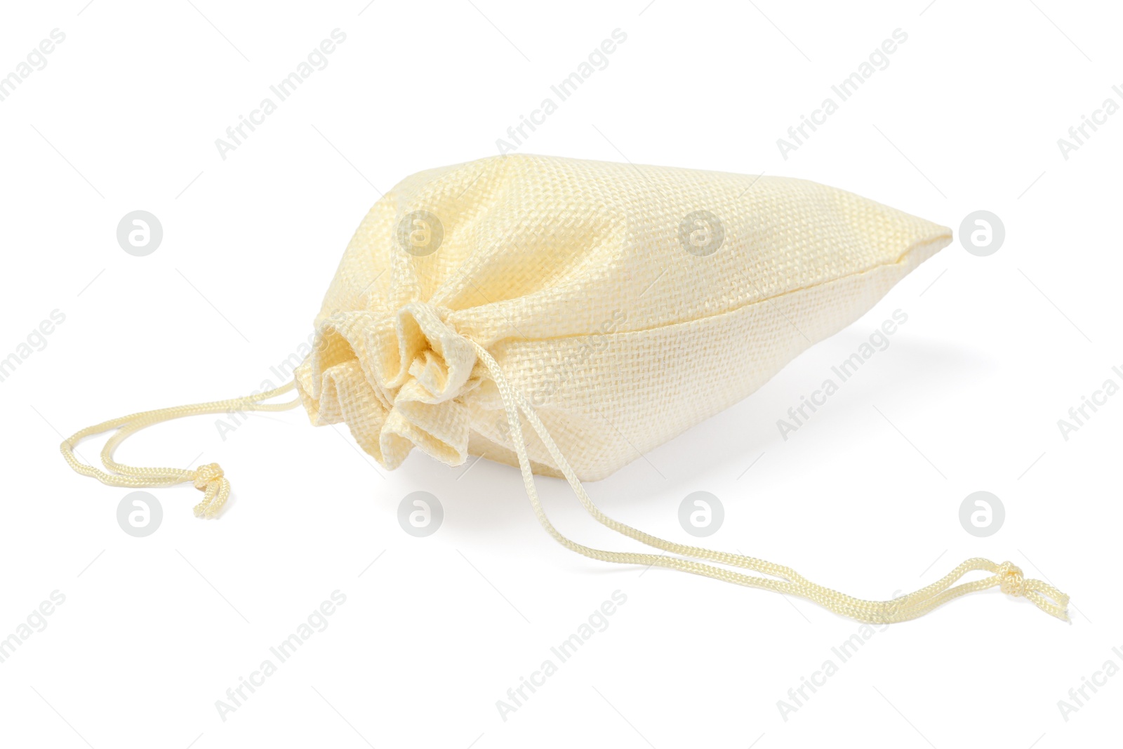 Photo of One beige burlap sack isolated on white