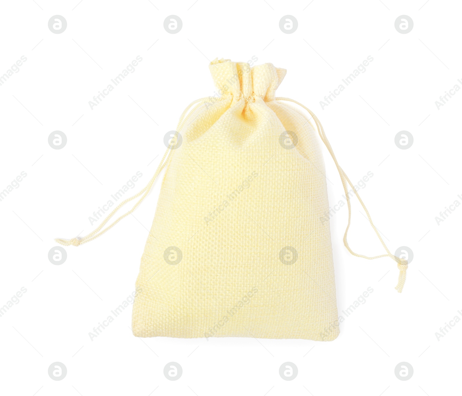 Photo of One beige burlap sack isolated on white, top view