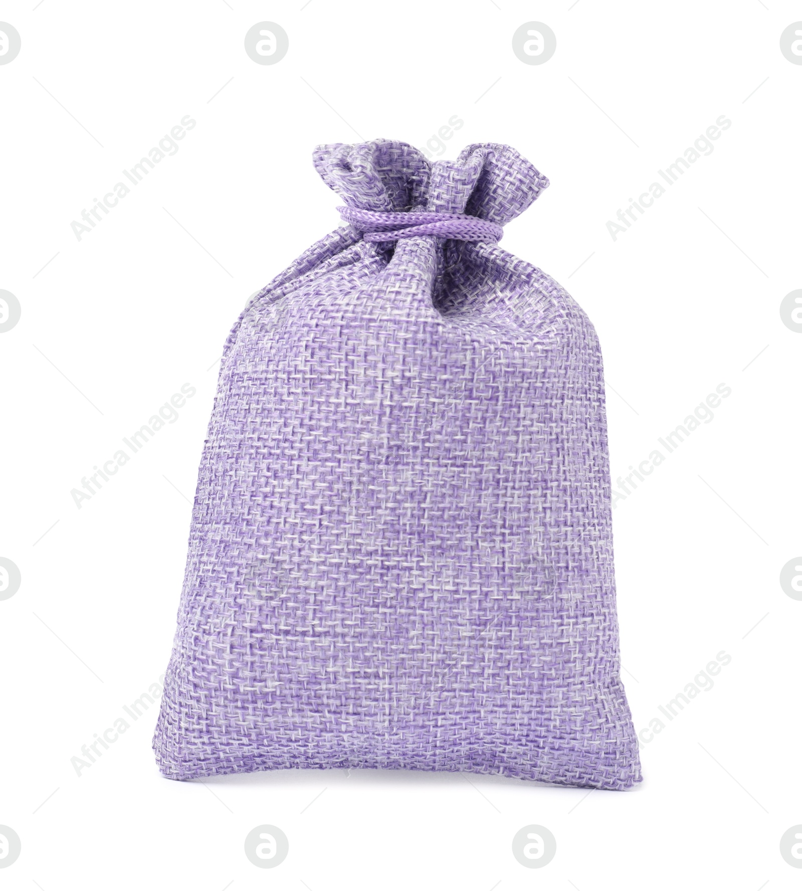 Photo of One violet burlap sack isolated on white