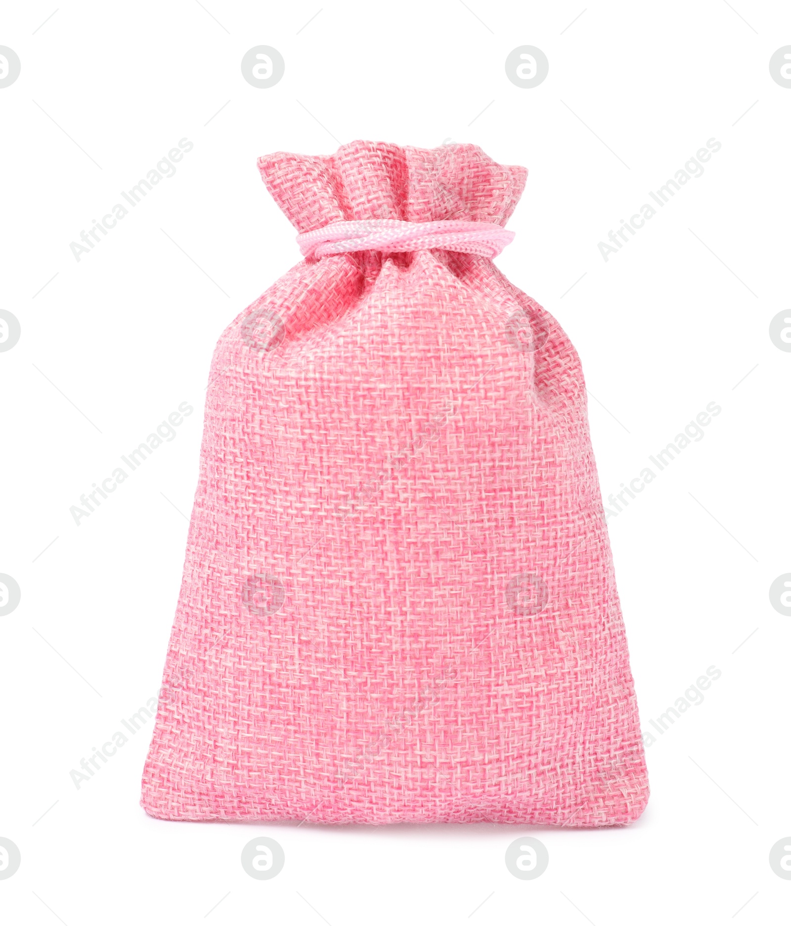 Photo of One pink burlap sack isolated on white