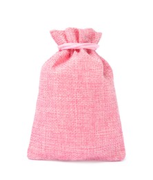 Photo of One pink burlap sack isolated on white