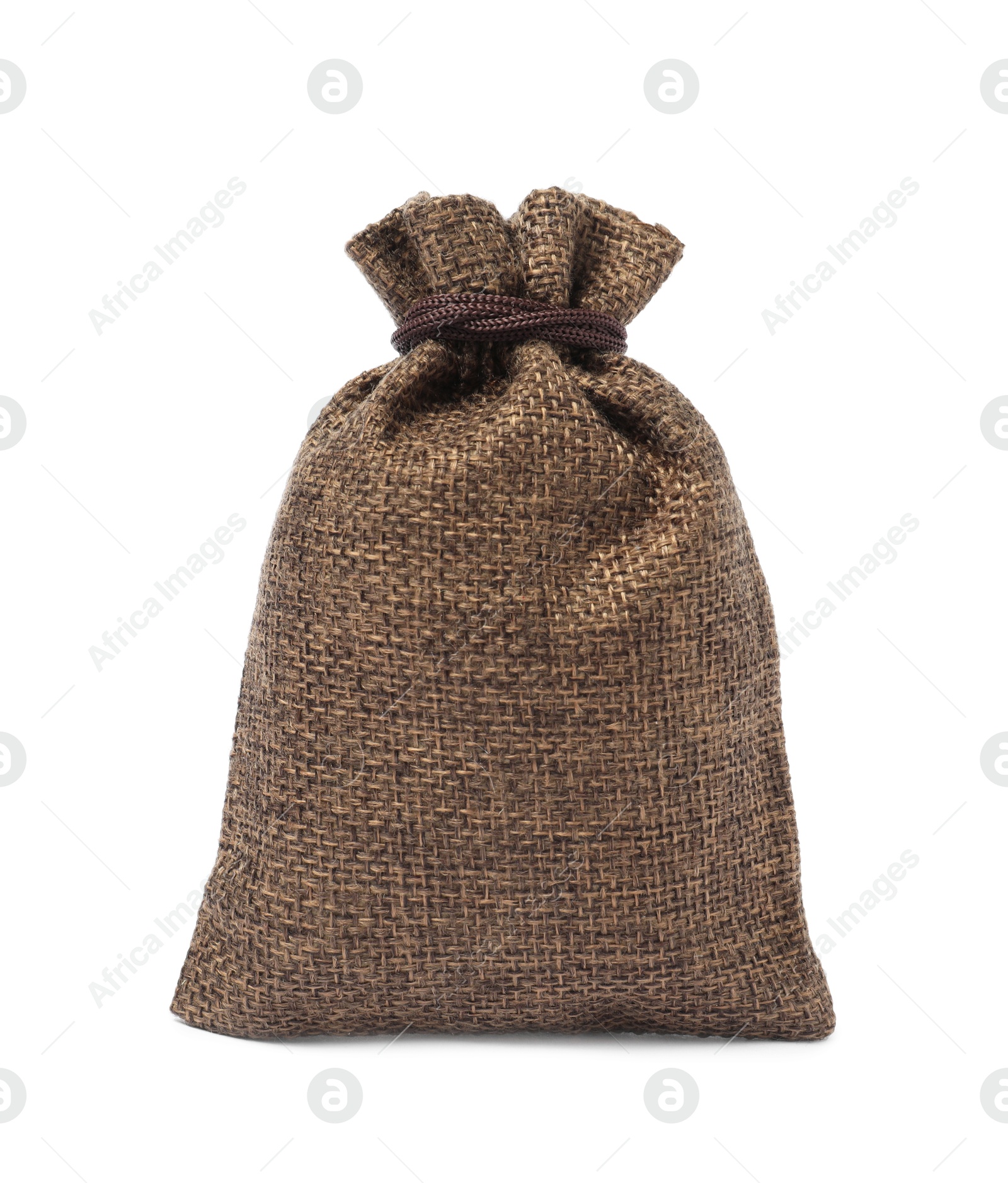 Photo of One brown burlap sack isolated on white