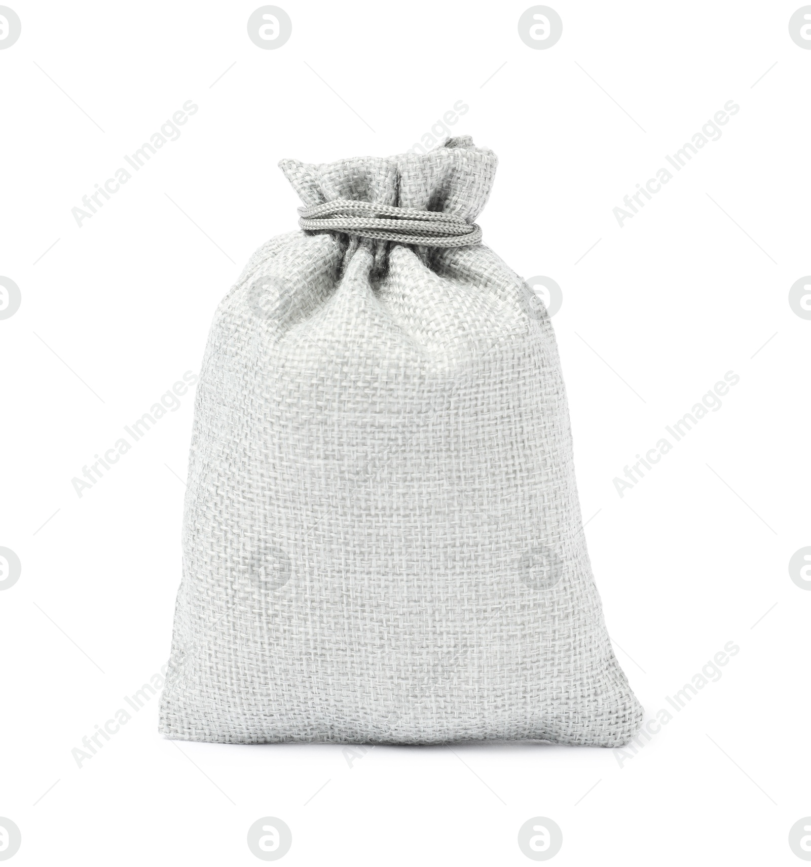 Photo of One grey burlap sack isolated on white