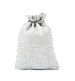 Photo of One grey burlap sack isolated on white