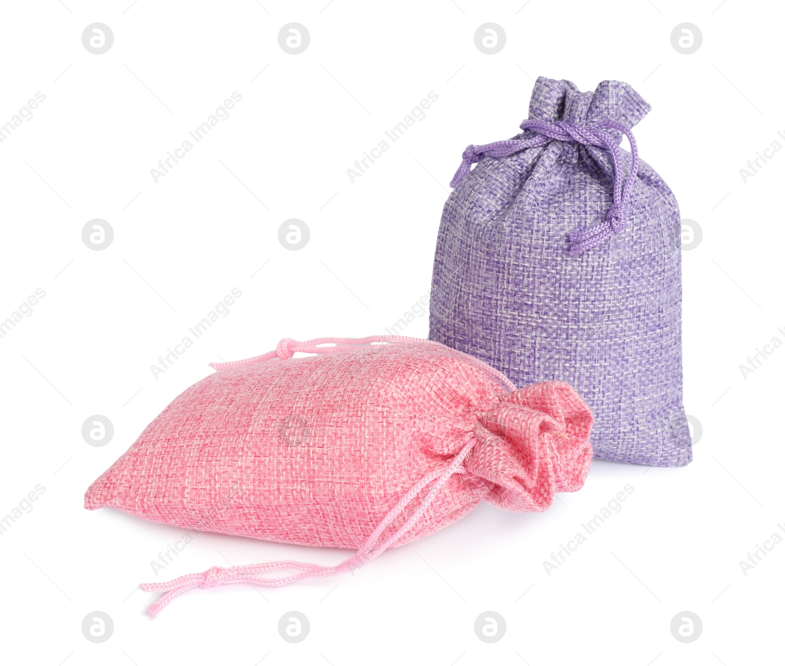 Photo of Two small burlap sacks isolated on white