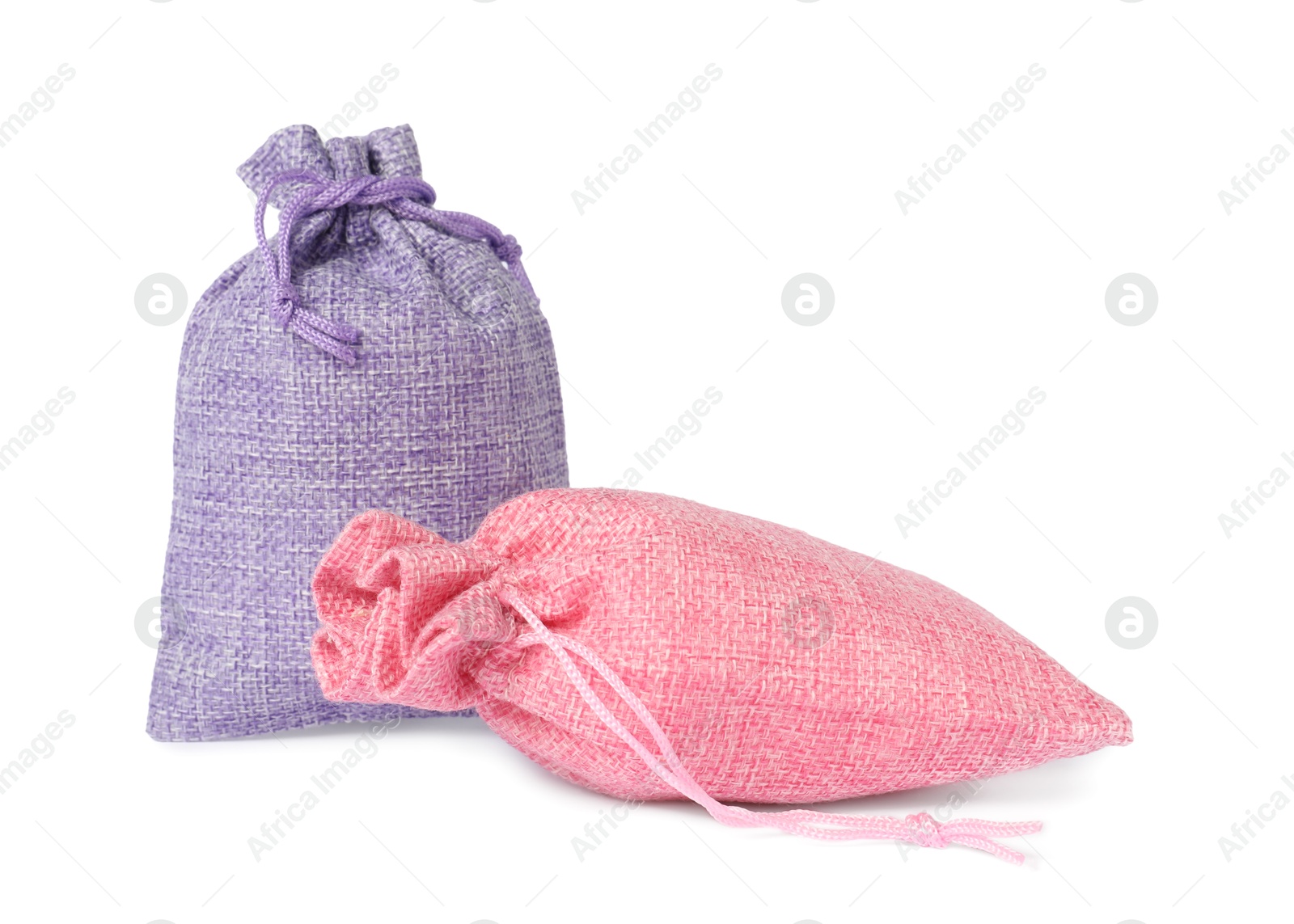 Photo of Two small burlap sacks isolated on white