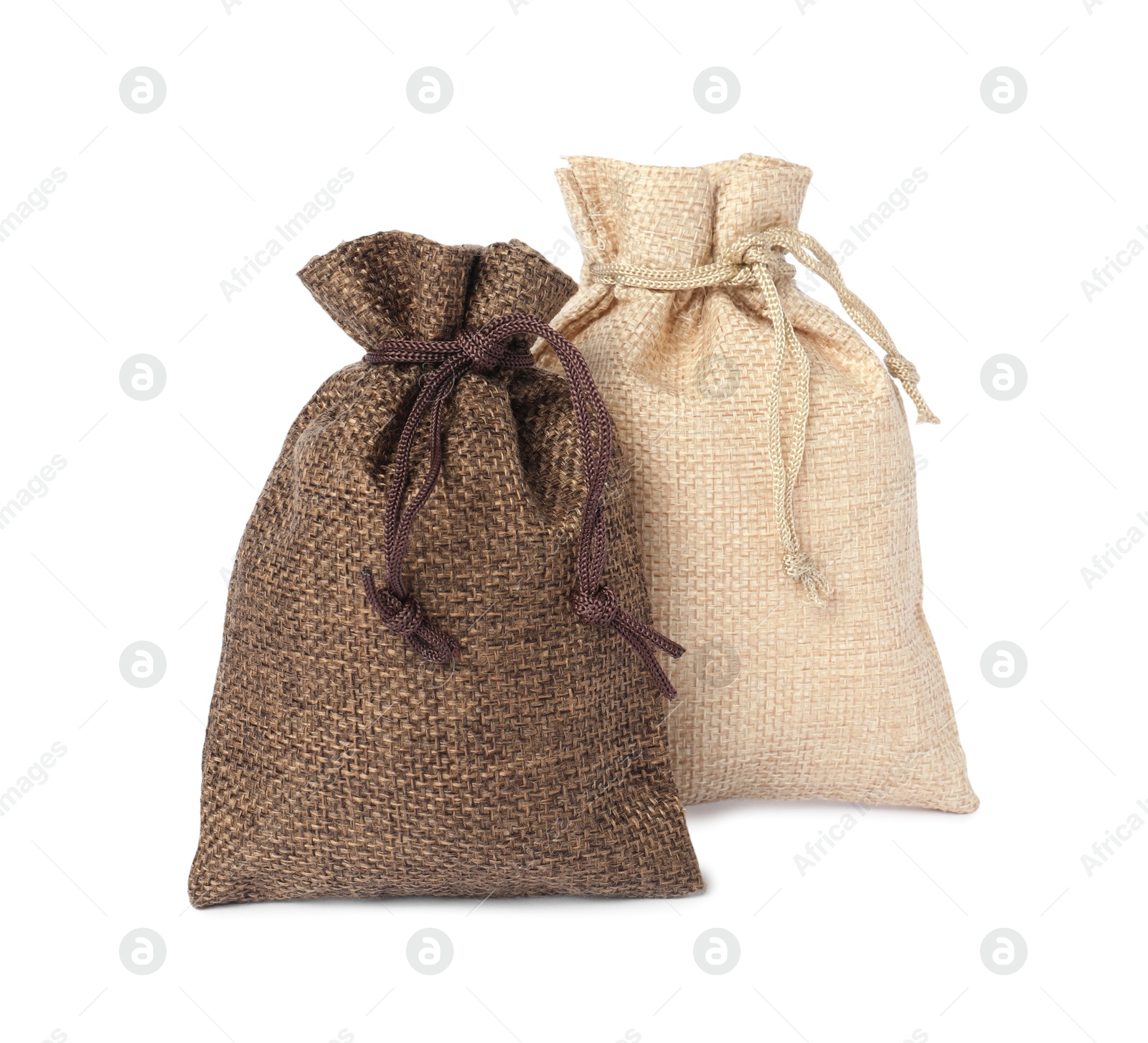 Photo of Two small burlap sacks isolated on white