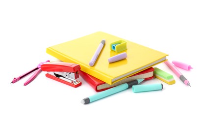 Photo of Doing homework. Notebooks and other different stationery on white background