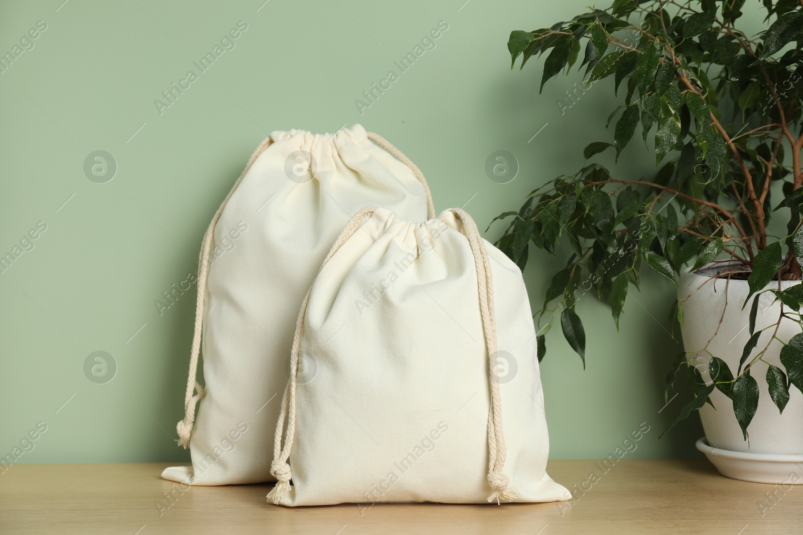 Photo of Cotton bags and houseplant on wooden table against green background