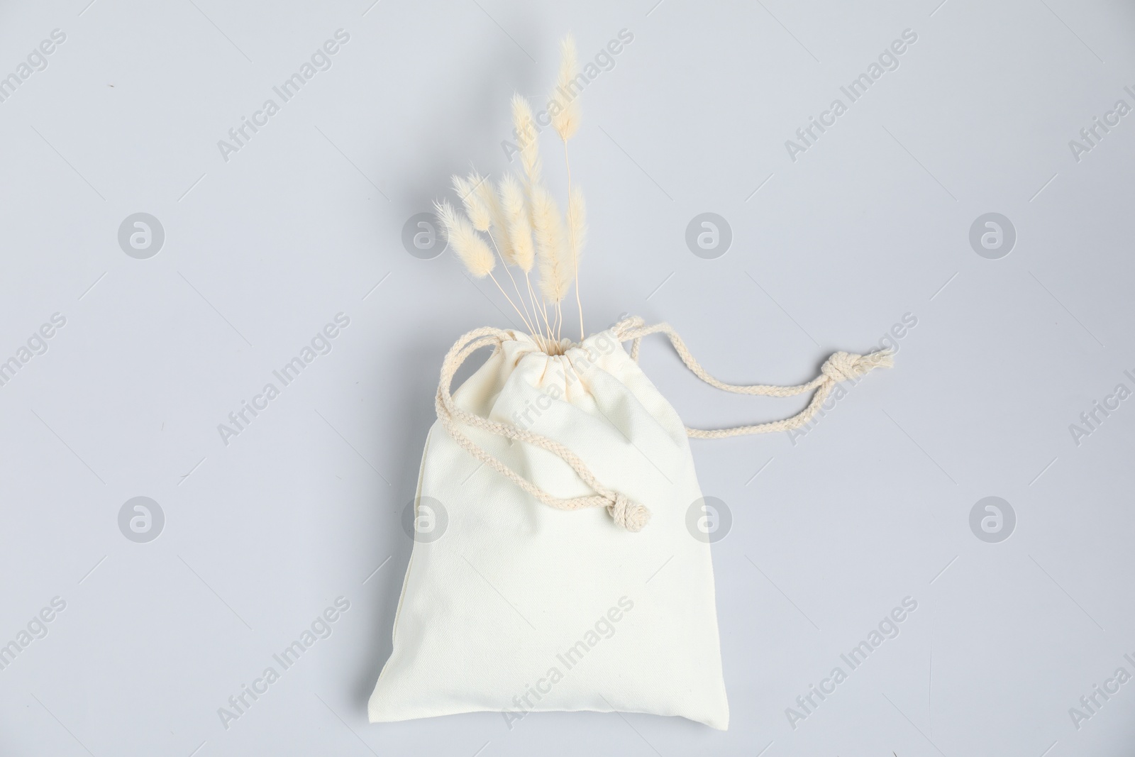 Photo of Cotton bag with dry spikes on light background, top view