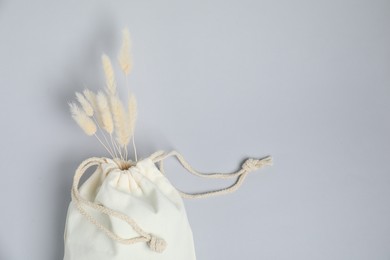 Photo of Cotton bag with dry spikes on light background, top view. Space for text