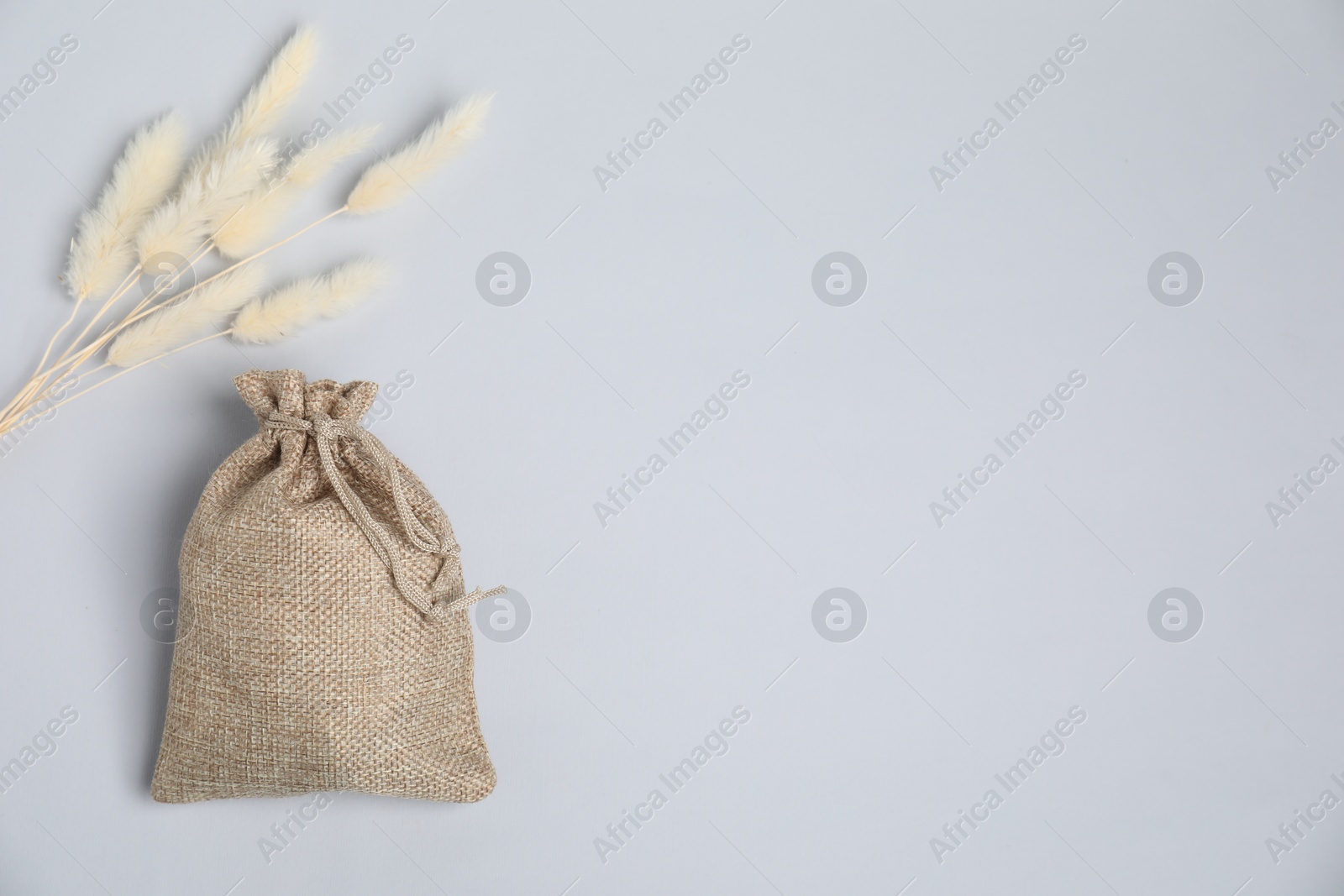 Photo of Burlap bag with dry spikes on light background, flat lay. Space for text