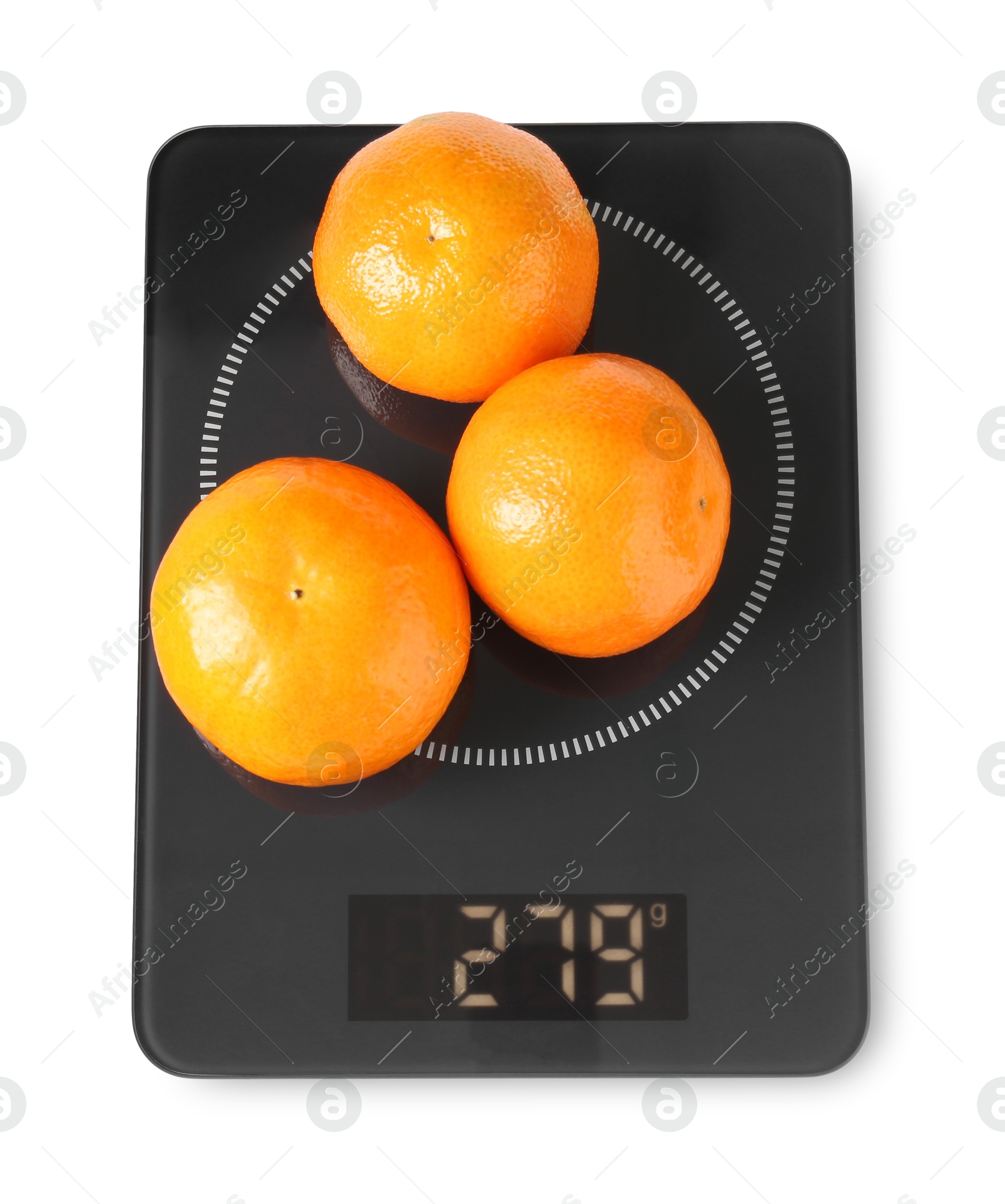 Photo of Electronic kitchen scale with tangerines isolated on white, top view