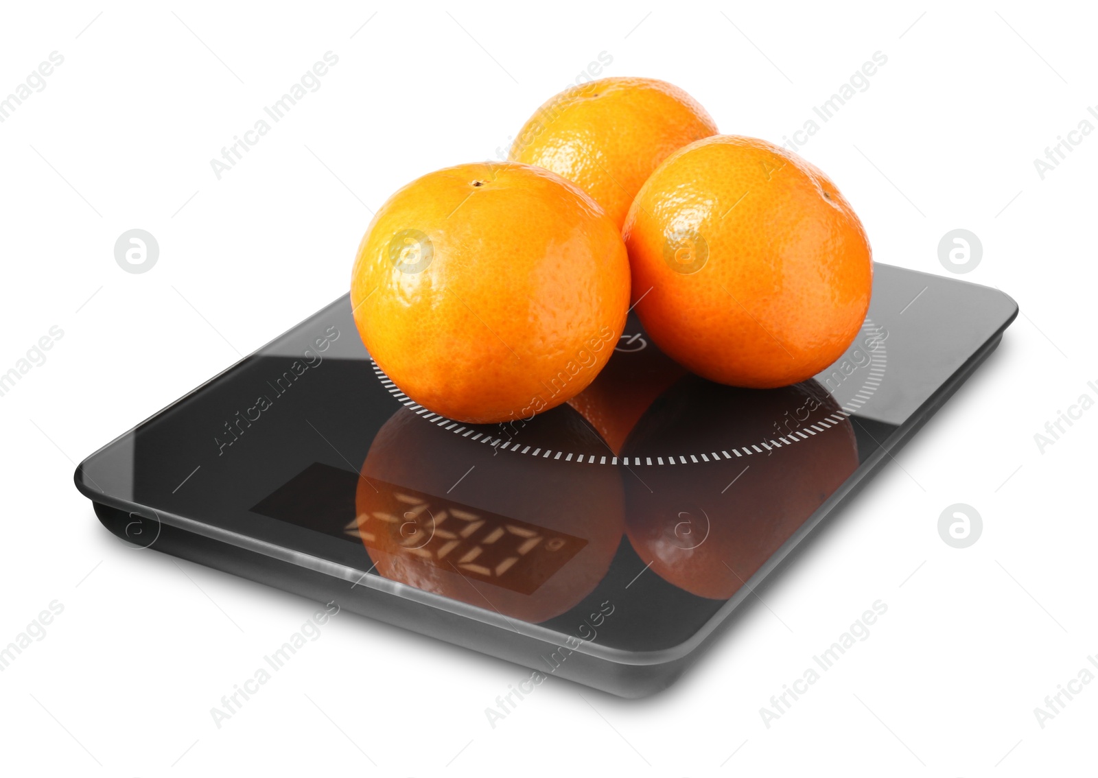 Photo of Electronic kitchen scale with tangerines isolated on white