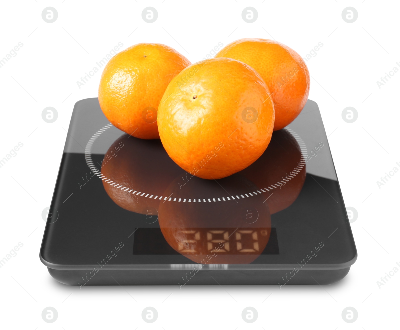 Photo of Electronic kitchen scale with tangerines isolated on white