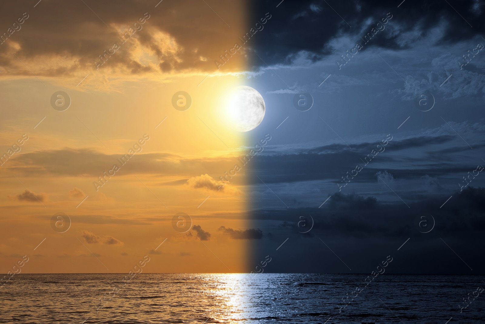 Image of Day and night seascape, collage. Sky with bright sun on one side and dark with moon on opposite side