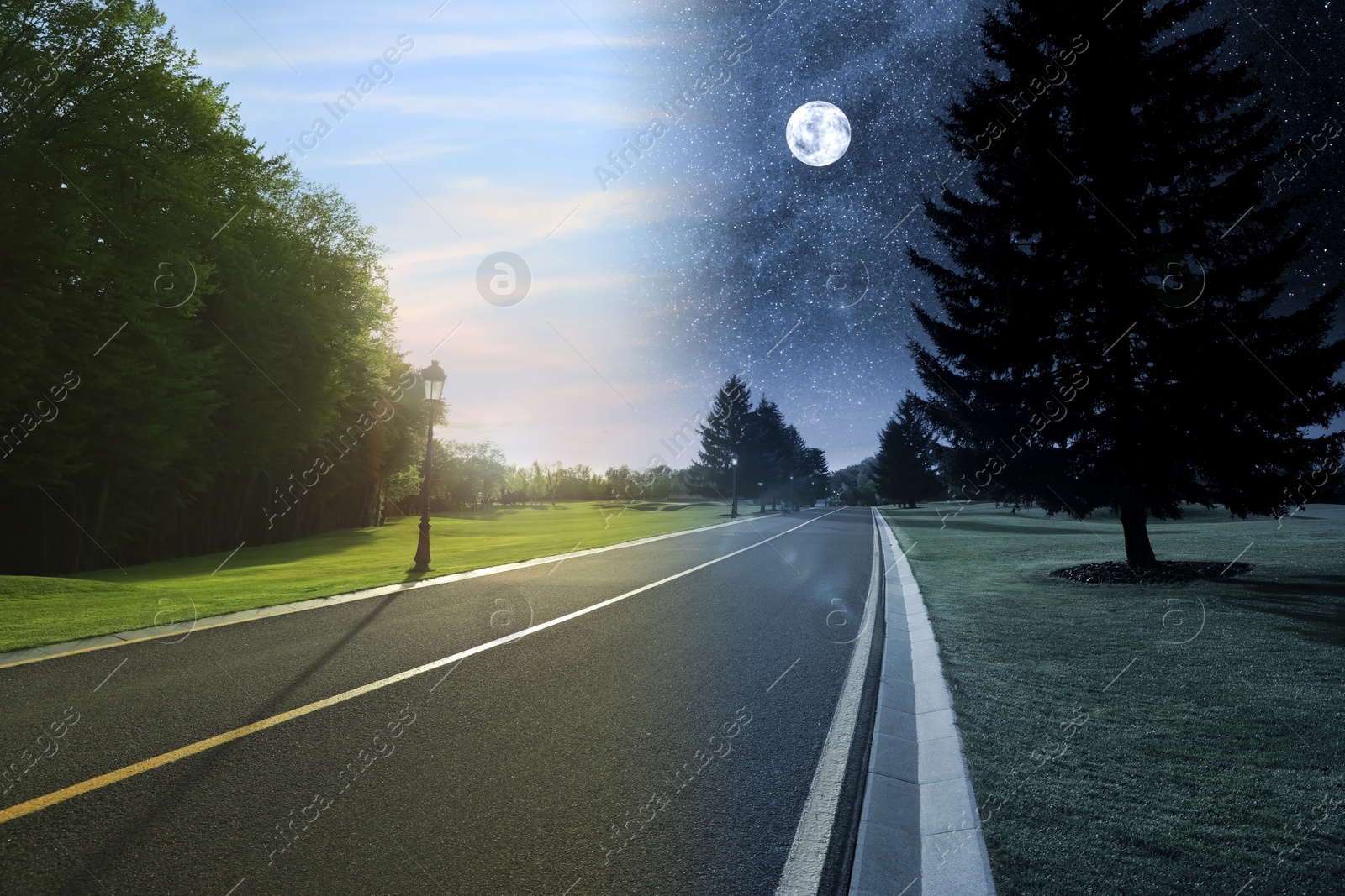 Image of Empty asphalt road and green trees by day and night. Time of day change, collage