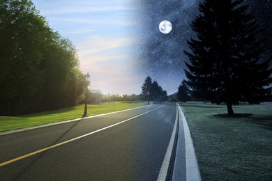 Image of Empty asphalt road and green trees by day and night. Time of day change, collage