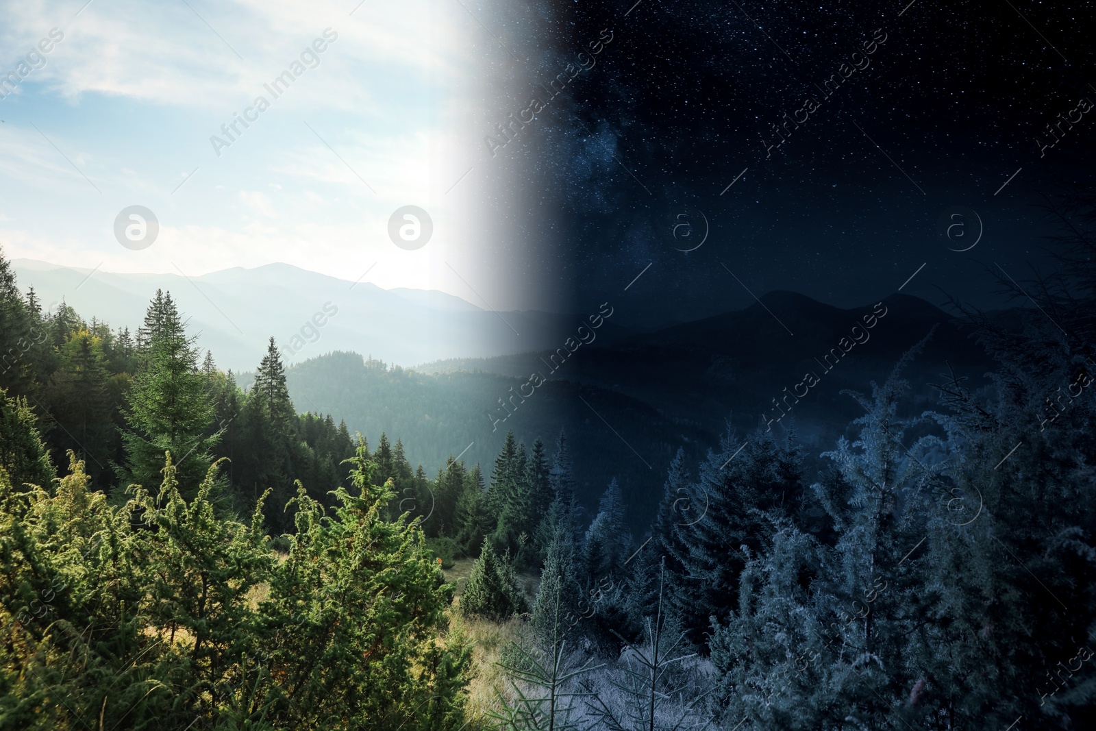 Image of Majestic mountains by day and night. Time of day change, collage