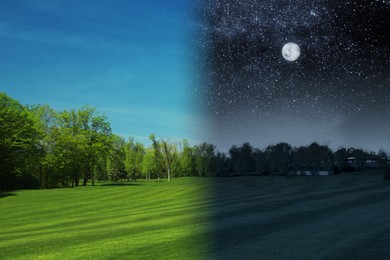 Image of Day and night landscape, collage. Blue sky over green lawn on one side and dark sky with moon on opposite side