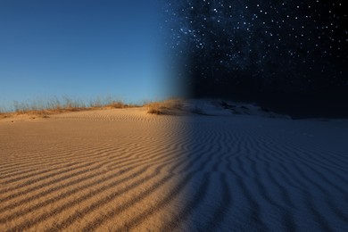 Image of Desert by day and under starry night sky. Time of day change, collage