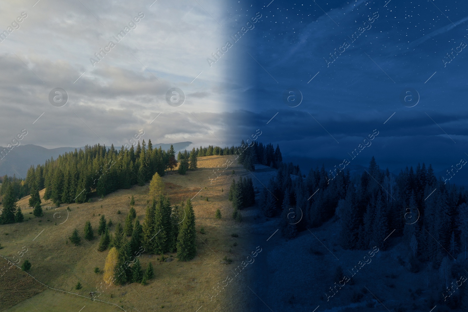 Image of Majestic mountains by day and night. Time of day change, collage